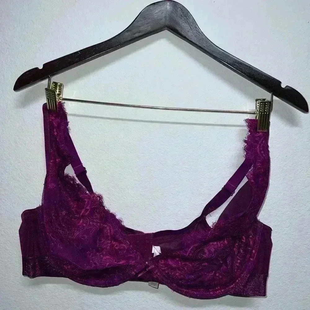 Cacique NWOT Sexy Boost Plunge Bra Womens 40D Purple Underwire Floral Lace 3Hook - Picture 13 of 14